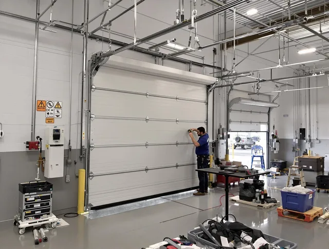 Commercial garage door repair being performed by Redondo Beach Garage Door Repair expert in Redondo Beach