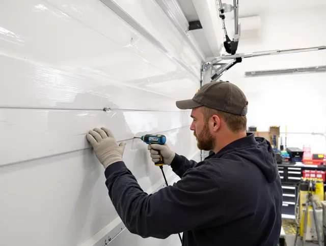 Redondo Beach Garage Door Repair technician demonstrating precision dent removal techniques on a Redondo Beach garage door