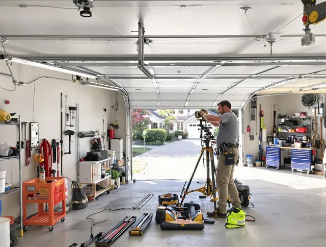 Redondo Beach Garage Door Repair specialist performing laser-guided track alignment in Redondo Beach